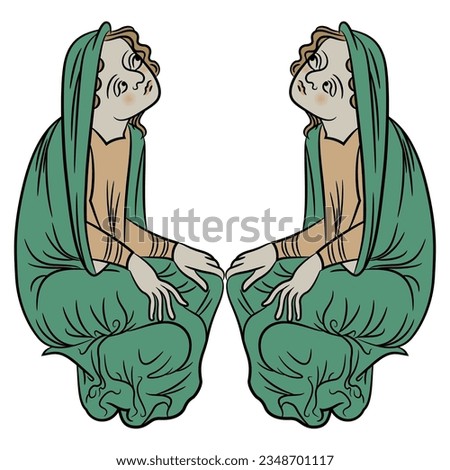 Symmetrical design with two sitting medieval women. Illuminated manuscript motif. Isolated vector illustration.