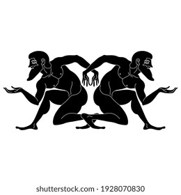 Symmetrical design with two squatting bearded ancient Greek men. Black and white silhouette. Vase painting style.