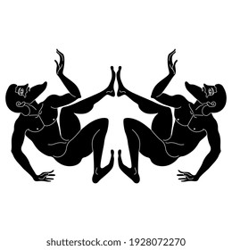 Symmetrical design with two squatting bearded ancient Greek men. Black and white silhouette. Vase painting style.