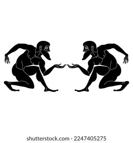 Symmetrical design with two squatting bearded ancient Greek men. Black and white silhouette. Vase painting style.