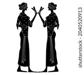 Symmetrical design with two standing ancient Greek women holding clapper musical instruments. Vase painting style. Black and white negative silhouette.
