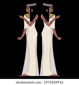 Symmetrical design with two standing ancient Egyptian young women. On black background.