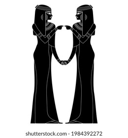 Symmetrical design with two standing ancient Egyptian young women in long dresses. Pretty ladies. Black and white negative silhouette.