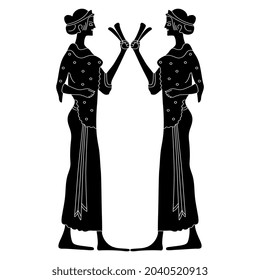 Symmetrical design with two standing ancient Greek women holding clapper musical instruments. Vase painting style. Black and white negative silhouette.