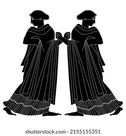 Symmetrical design with two standing ancient Greek women. Vase painting style. Black and white negative silhouette.