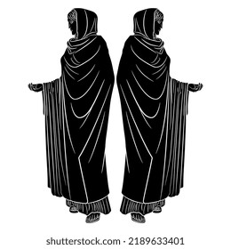 Symmetrical design with two standing ancient Greek women in long dresses. Aphrodite Sosandra. Black and white negative silhouette.