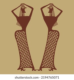 Diseño simétrico con dos antiguas mujeres griegas con el pelo largo. Diseño de cuadros de jarrones arcaicos de Minoan. 