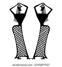 Symmetrical design with two standing ancient Greek women with raised hands. Archaic Minoan vase painting design. Black and white silhouette.