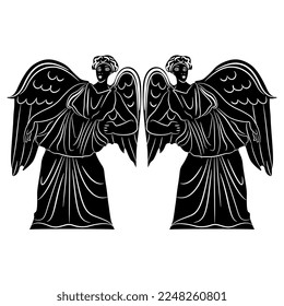 Diseño simétrico con dos antiguos ángeles griegos o diosas aladas. Estilo de pintura de malla. Silueta negativa en blanco y negro.