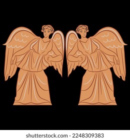 Symmetrical design with two standing ancient Greek angels or winged goddesses. Vase painting style. On black background.