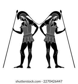 Symmetrical design with two standing ancient Greek warriors holding a spears. Vase painting style. Black and white negative silhouette.