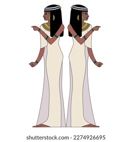 Symmetrical design with two standing ancient Egyptian women. Isolated vector illustration.