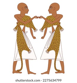 Symmetrical design with two standing ancient Egyptian priests. Isolated vector illustration.