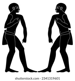 Symmetrical design with two standing ancient Egyptian men. Black and white negative silhouette.