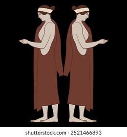 Symmetrical design with two standing Ancient Greek women in profile. Demeter and Persephone. Vase painting style. On black background.