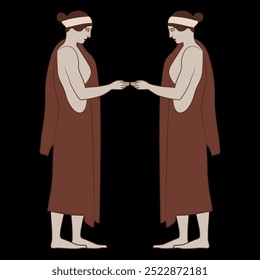 Symmetrical design with two standing Ancient Greek women touching hands. Demeter and Persephone. Vase painting style. On black background.
