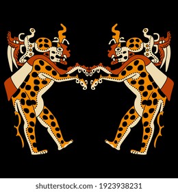 Symmetrical design with two standing anthropomorphic jaguars. Native American art of Maya Indians.
