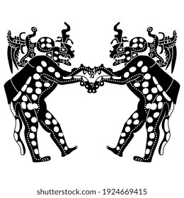 Symmetrical design with two standing anthropomorphic jaguars. Native American art of Maya Indians. Black and white silhouette. Dancing spotted wild cats.