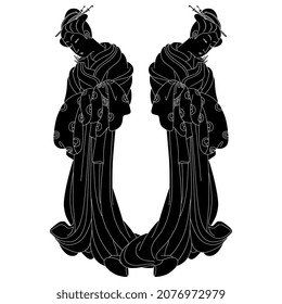 Symmetrical design with two standing beautiful Japanese women wearing kimono. Traditional style. Black and white negative silhouette.