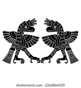 Symmetrical design with two standing or dancing eagle birds with open wings. Native American animal design of Aztec Indians from Mexican codex. Black and white silhouette.