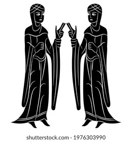 Symmetrical design with two standing medieval women in long dresses. Black and white negative silhouette. Gothic illuminated manuscript style.