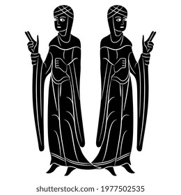 Symmetrical design with two standing medieval women in long dresses. Black and white negative silhouette. Gothic illuminated manuscript style.
