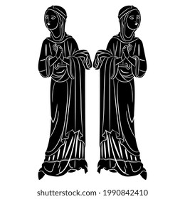 Symmetrical design with two standing medieval women with folded hands. Pretty Gothic ladies in long dresses. Black and white negative silhouette.
