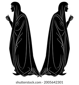 Symmetrical design with two standing medieval women in long veils looking in opposite directions. Black and white negative silhouette. Creative concept.