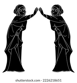 Symmetrical design with two standing medieval women touching hands. Black and white negative silhouette. Isolated vector illustration.