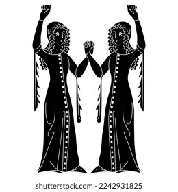 Symmetrical design with two standing medieval women holding hands. Black and white silhouette.
