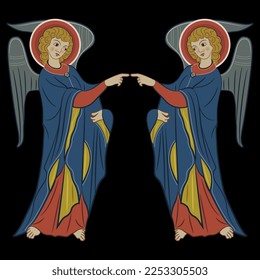 Symmetrical design with two standing medieval angels touching hands. On black background.