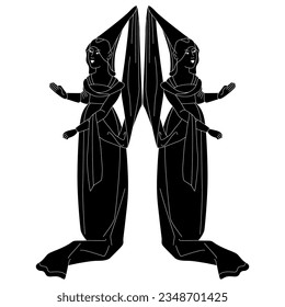 Symmetrical design with two standing medieval women in Gothic costumes. Black and white silhouette.