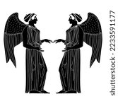 Symmetrical design with two standing winged ancient Greek goddesses or angels. Black and white silhouette. 
