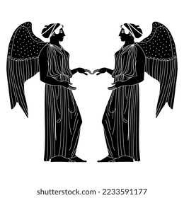 Symmetrical design with two standing winged ancient Greek goddesses or angels. Black and white silhouette. 