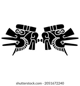 Diseño simétrico con dos cabezas humanas estilizadas con barba. dios azteca Quetzalcoatl. Códice nativo americano de indios mexicanos. Silueta negativa en blanco y negro.