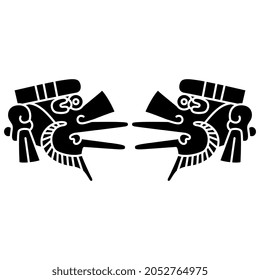 Diseño simétrico con dos cabezas humanas estilizadas con barba. dios azteca Quetzalcoatl. Códice nativo americano de indios mexicanos. Silueta negativa en blanco y negro.