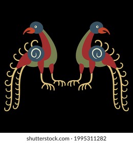 Diseño simétrico con dos aves estilizadas. Estilo popular. Sobre fondo negro.