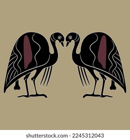 Symmetrical design with two stylized birds. Standing fowl. Ancient Greek animal design. Folk vase painting style.