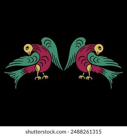 Symmetrical design with two stylized birds. Old Russian folk style. On black background.