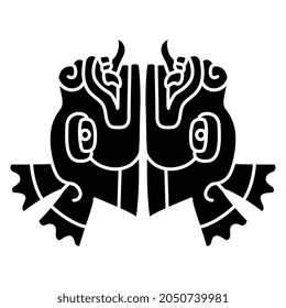 Symmetrical design with two stylized deer heads. Black and white negative silhouette. Native American art of Aztec Indians from Mexican codex. Isolated vector illustration. 