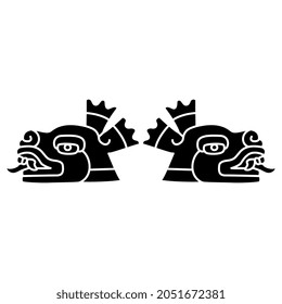 Symmetrical design with two stylized deer heads. Black and white negative silhouette. Native American art of Aztec Indians from Mexican codex. Isolated vector illustration. 