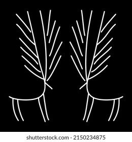 Symmetrical design with two stylized deer with antlers. Ancient animal design Los Millares in Spain. from White linear silhouette on black background.