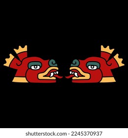 Symmetrical design with two stylized deer heads. Native American art of Aztec Indians from Mexican codex. On black background.