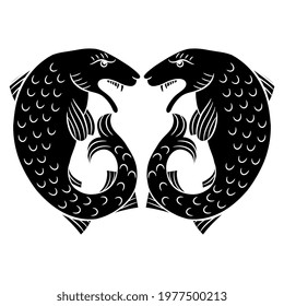 Symmetrical design with two stylized fish. Medieval folk style. Black and white negative silhouette. Isolated vector illustration.