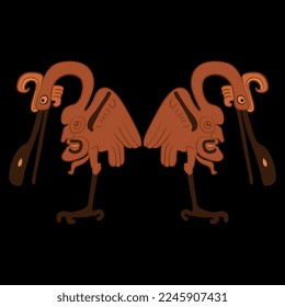 Symmetrical design with two stylized heron birds with human faces on their bellies. Ancient Native American ethnic animal design. On black background.