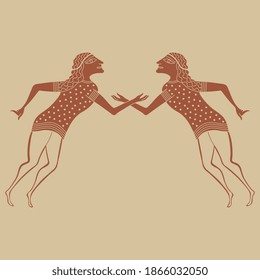 Symmetrical design with two stylized human figures. Ancient Etruscan or Greek art. Vase painting style. 