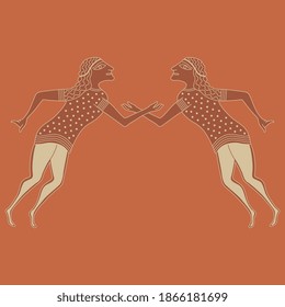 Symmetrical design with two stylized human figures. Ancient Etruscan or Greek art. Vase painting style.