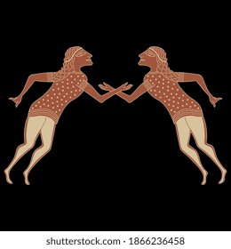 Symmetrical design with two stylized human figures. Ancient Etruscan or Greek art. Vase painting style. 