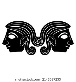 Symmetrical design with  two stylized human heads. Ancient Minoan design. Black and white negative silhouette.