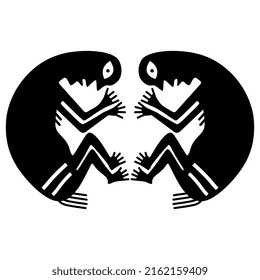 Symmetrical design with two stylized human figures. Mimbres pottery. Native American ethnic design of Mogollon Pueblo Indians.  Black and white silhouette. 